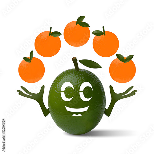 single perfectly formed lime trying to juggle tiny oranges incitrusy comical display isolated on white background cutout png design asset funny conceptArt Deco