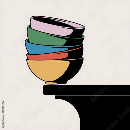 stack of colorful bowls trying to balance ontable edgebowltastic wobbly pile isolated on white background cutout png design asset funny conceptConceptual Art