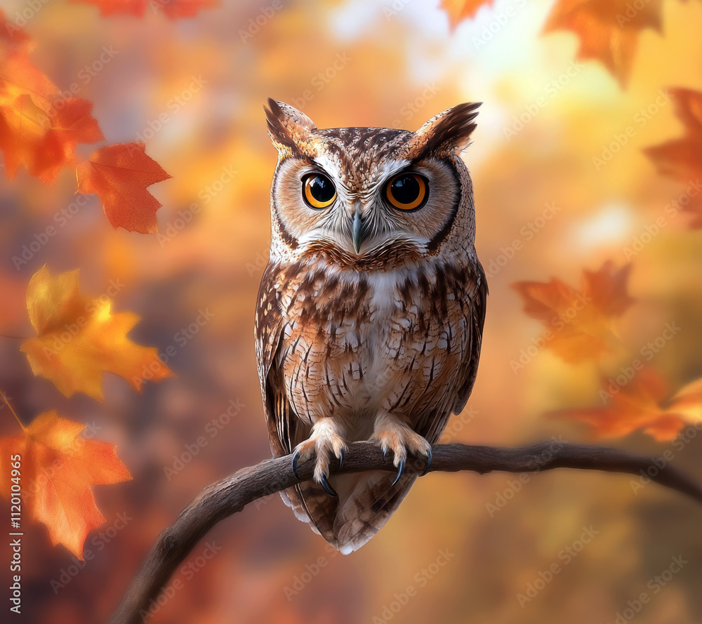 A striking owl perches on a branch amidst vibrant autumn leaves, showcasing its keen gaze and intricate plumage, captivating the essence of fall in an enchanting setting. A striking owl perches on a branch amidst vibrant autumn leaves, showcasing its keen gaze and intricate plumage, captivating the essence of fall in an enchanting setting.