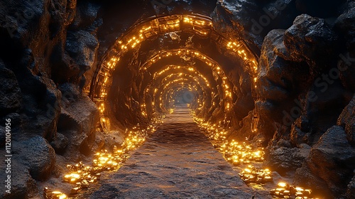 Fototapeta Naklejka Na Ścianę i Meble -  A 3d cartoon mining scene with copper ore tunnels glowing gold pieces and rugged stone walls