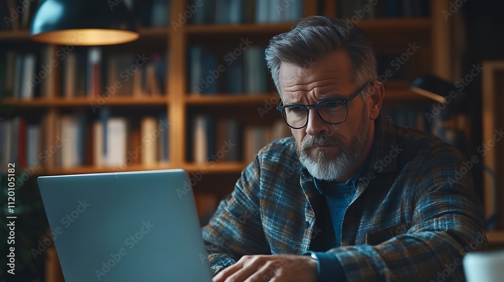 Focused professional working on laptop in cozy home library space Focused professional working on laptop in cozy home library space