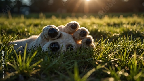 A close-up of a dog's paw resting on green grass, with sunlight illuminating the scene and creating a warm glow.