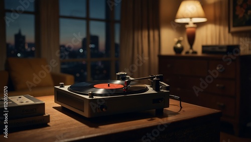 A vintage record player sits on a wooden table in a dimly lit room, with a soft lamp glowing nearby, creating a cozy atmosphere. photo