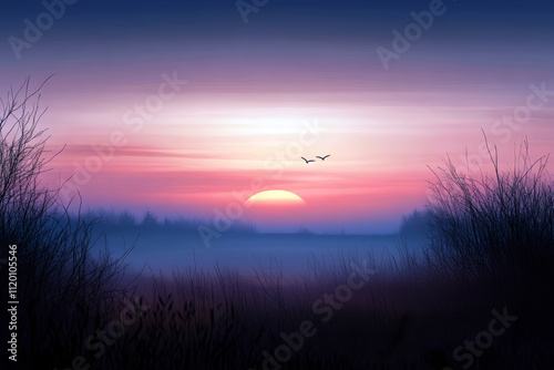 A tranquil scene of a sunrise illuminating the horizon, casting soft hues over a misty landscape, while silhouettes of trees and flying birds enhance the serene atmosphere. photo