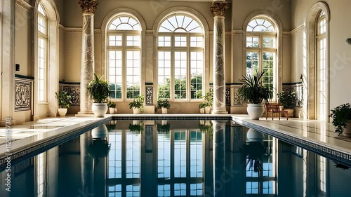 Luxurious Indoor Pool with Arched Windows, Marble Columns, and Elegant Décor in a Bright and Serene Setting

 photo