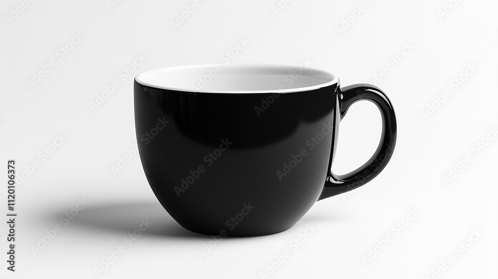 A sleek black coffee mug with a white interior, ideal for beverages. A sleek black coffee mug with a white interior, ideal for beverages.