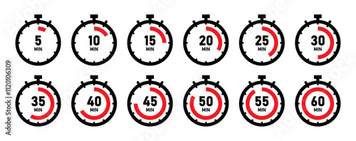 Timer, clock, stopwatch countdown icon set with 5 minutes gap in red color vector illustration on white background. Set of timers. 5, 10, 15, 20, 25, 30, 35, 40, 45, 50, 55, and 60 minutes.