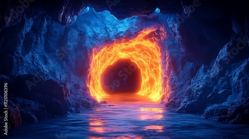 Fototapeta Naklejka Na Ścianę i Meble -  A glowing mine tunnel in a 3d cartoon quarry background with detailed stone walls