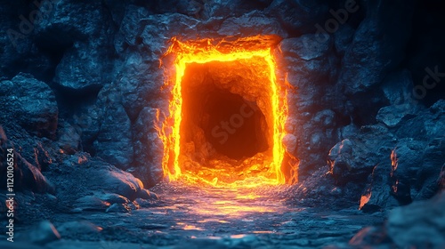 Fototapeta Naklejka Na Ścianę i Meble -  A glowing mine tunnel in a 3d cartoon quarry background with detailed stone walls