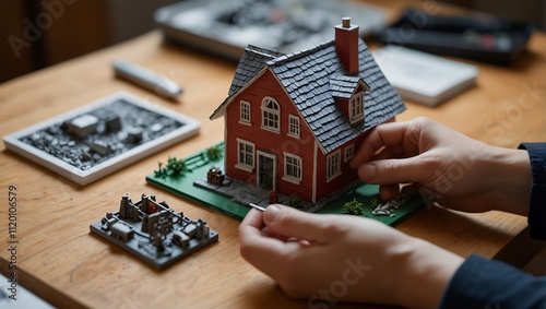 A person assembling a detailed miniature house, surrounded by model parts and tools on a wooden table.