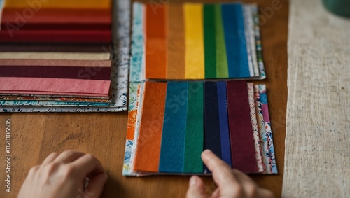 A person's hands explore colorful strips of paper arranged in stacks, featuring vibrant hues on a wooden surface.