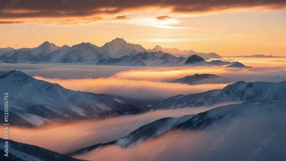 4K video capturing a misty sunrise over majestic, snow-capped mountains. Warm golden light spreads softly, evoking serenity and awe. 4K video capturing a misty sunrise over majestic, snow-capped mountains. Warm golden light spreads softly, evoking serenity and awe.