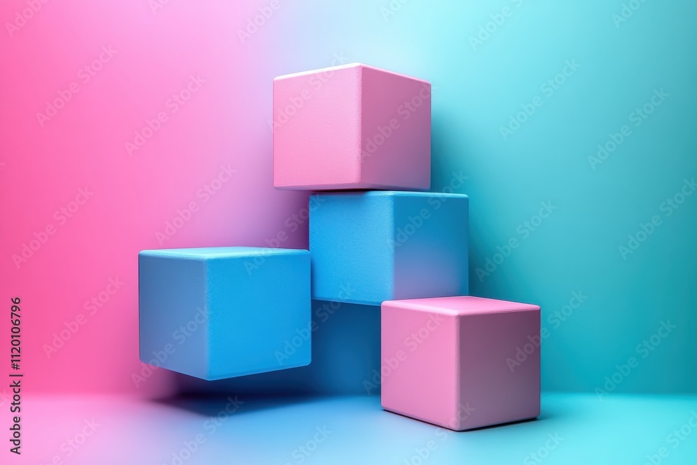 Fototapeta premium A minimalist arrangement of pink and blue cubes on a gradient background.