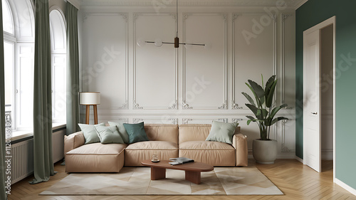 interior design mockup Parisian minimalist interior design of modern living room home Sofa and bookcase on parquet floor against french windows in room with white classic paneling walls Coastal Calm 