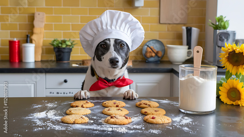 A dog wearing a chef hat baking cookies on a counter with flour and sugar scattered around Photography copyspace Sunflower Yellow Chrome A bright yellow paired with a reflective chrome offering a sun