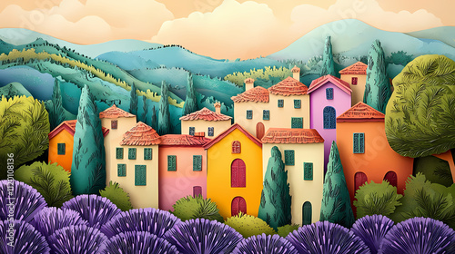 Macedonian renaissance town, papercut lavender gardens, fairytale, edenic promise , advertise photo. Edenic. Illustration photo