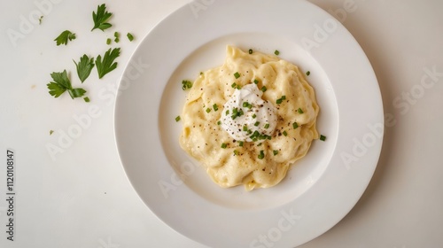 Creamy cheese ravioli dish with herbs on white plate.