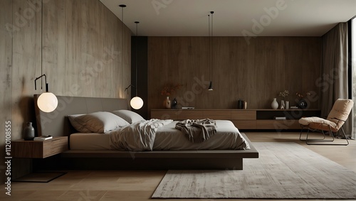 A modern bedroom with a low-profile bed, wooden walls, soft lighting, and a cozy chair, featuring minimalist decor elements.