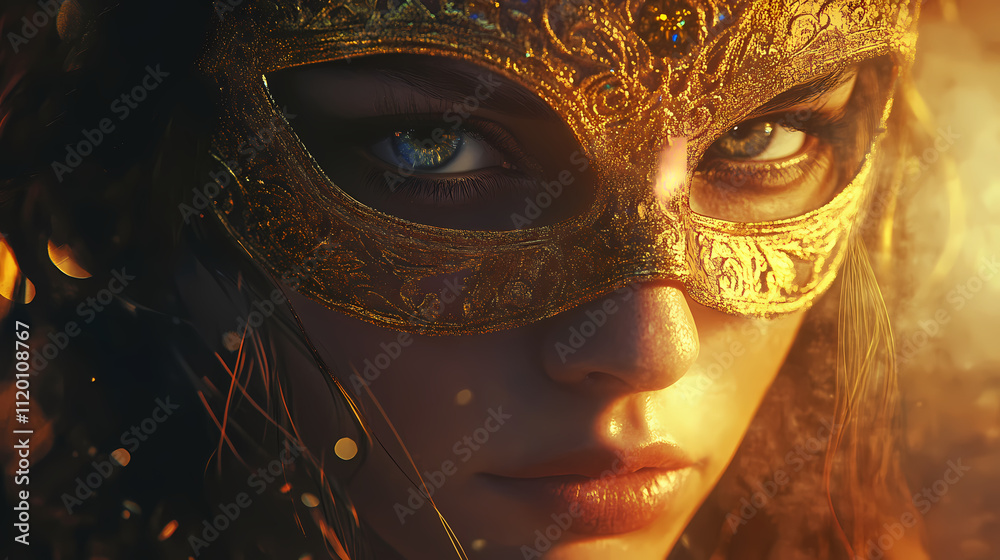 Mysterious woman in golden mask, looking deep in thought. intimate portrait, evening atmosphere. cinematic photography for creative projects. ai. Edenic. Illustration Mysterious woman in golden mask, looking deep in thought. intimate portrait, evening atmosphere. cinematic photography for creative projects. ai. Edenic. Illustration