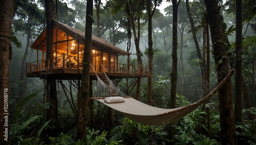 A cozy treehouse with warm lights, surrounded by dense fog and lush greenery, features a hammock for relaxation.