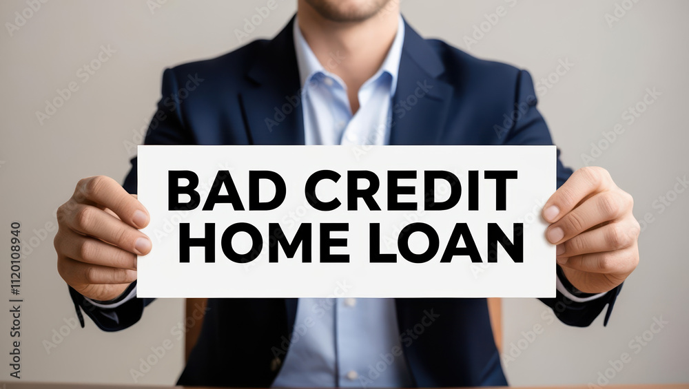 Individual holds sign reading Bad Credit Home Loan expressing concern about financial options.