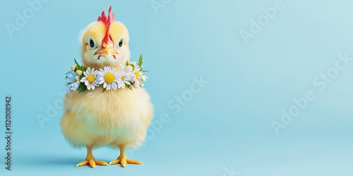 Cute chicken wearing wreath of flowers isolated on blue background with copy space photo