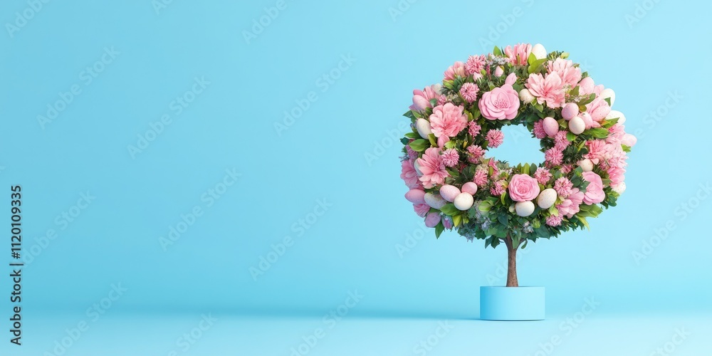 Fototapeta premium Floral frame. Flower wreath made of pink floral tree on blue background. Flat lay, copy space