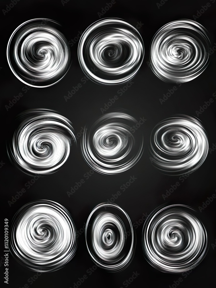 Spirals and swirls. Whirlpool and twirl. Abstract motion twisting circles isolated vector icons. Motion twirl, spiral and twist, whirlpool and swirl illustration