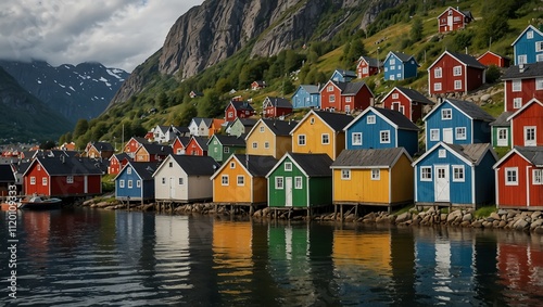 Colorful houses in shades of red, blue, and yellow line the waterfront, reflecting in calm waters with mountainous backdrop.