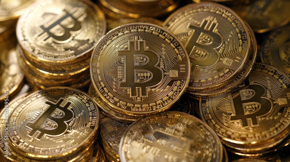 Close-up of many golden bitcoin cryptocurrency coins stacked. Close-up of many golden bitcoin cryptocurrency coins stacked.