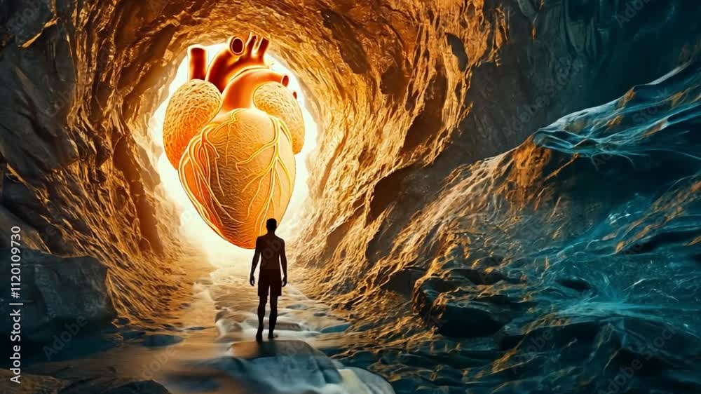 A lone figure stands in awe as a glowing human heart illuminates a dark cave. Concept of deep emotional connection, inner strength, and the power of love.