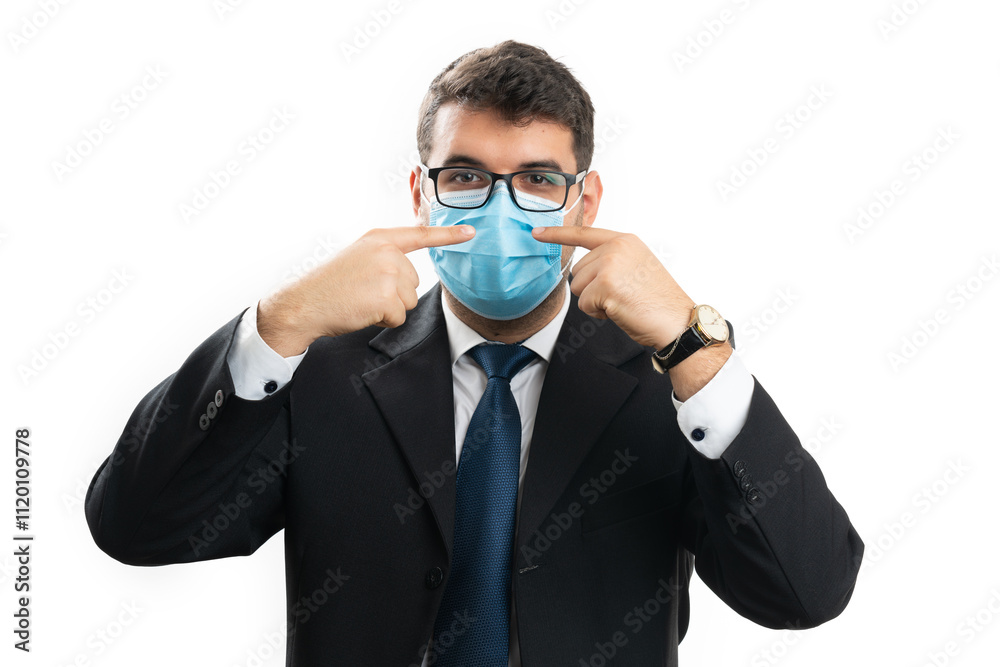Corporate businessman pointing fingers at medical mask pandemic Corporate businessman pointing fingers at medical mask pandemic