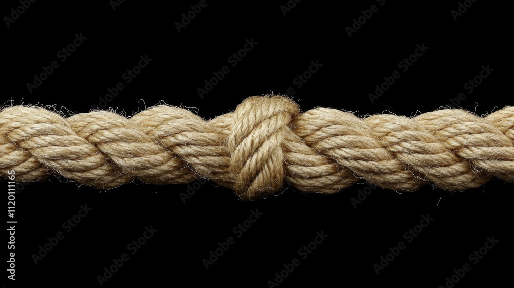 Close-up of a thick natural rope with a knot. Detailed view of the rope's texture and fibers. Nautical and durable rope detail. Close-up of a thick natural rope with a knot. Detailed view of the rope's texture and fibers. Nautical and durable rope detail.
