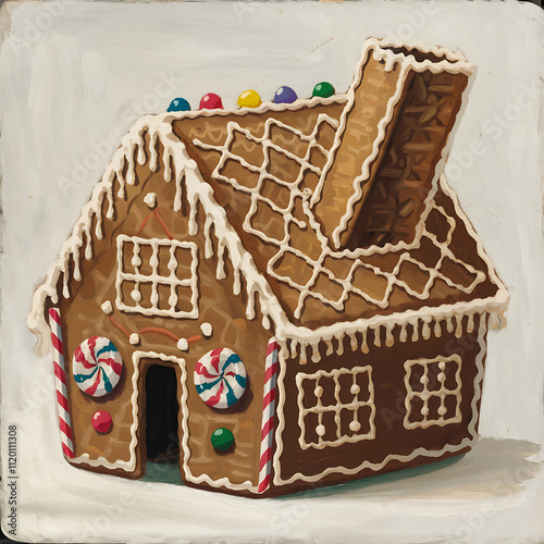 gingerbread house withcrooked chimneyslightly offkilter whim isolated on white background cutout png design asset funny conceptTempera Painting