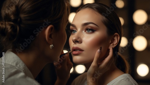 A makeup artist applies lipstick to a woman with striking blue eyes and sleek hair, illuminated by soft studio lights.