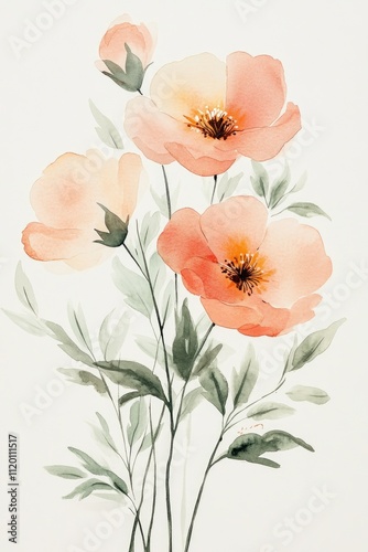 Watercolor painting spring flowers poppy poster, card, wedding invite