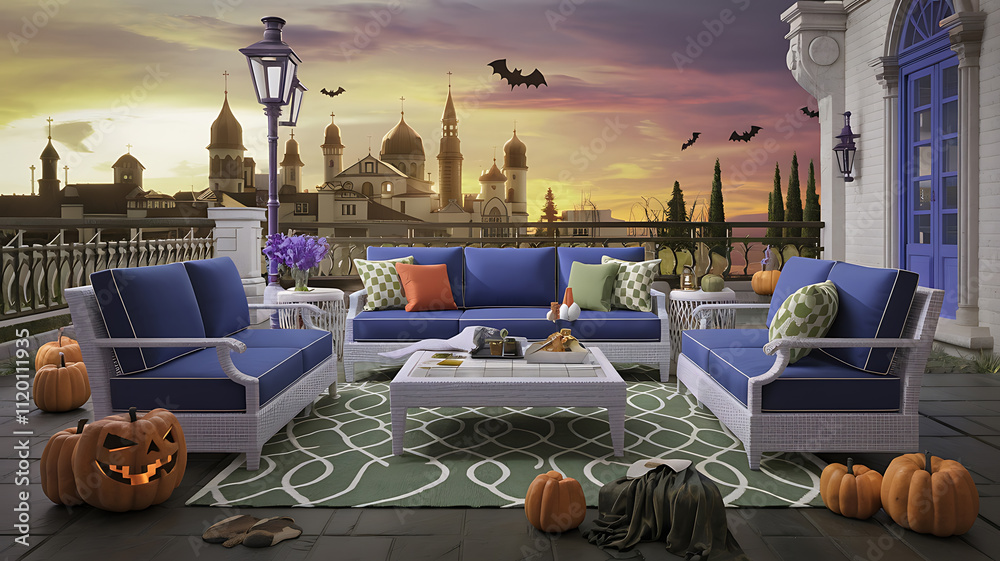 Fototapeta premium interior design mockup Blue and white outdoor furniture on a terrace with a view of the city Spooky Season Deep orange black purple moss green Renaissance Style