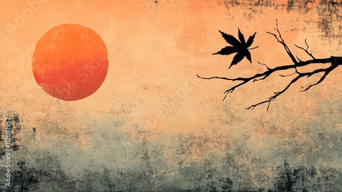 Orange Sunset Silhouette Of A Branch And Leaf