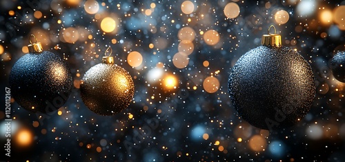 Black and gold christmas baubles on bokeh background photo