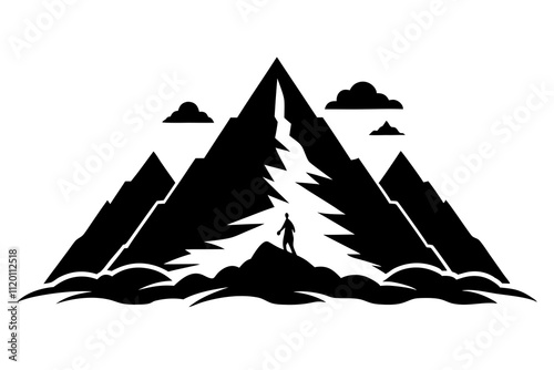 Hiker Silhouette on Mountain Peaks with Dramatic Clouds.