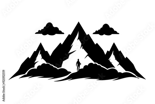 Hiker Silhouette on Mountain Peaks with Dramatic Clouds.