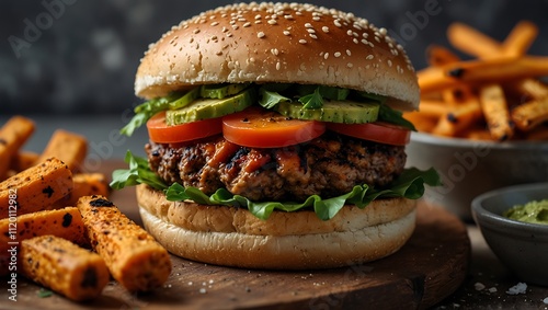 A juicy burger with sesame seed bun, fresh lettuce, tomato, and pickles, accompanied by sweet potato fries on a wooden board.