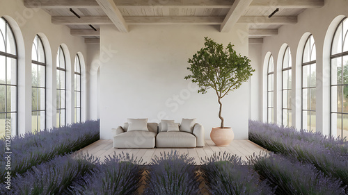 interior design mockup 3D rendering of a minimalist living room with a large potted tree and a modern sofa in a white interior space with large windows Lavender Fields Lavender dusty purple sage gree