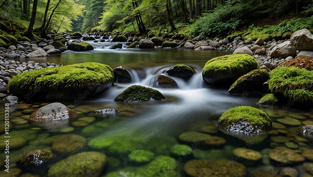 A serene river flows through a lush forest, featuring moss-covered rocks and smooth pebbles under gentle, flowing water. A serene river flows through a lush forest, featuring moss-covered rocks and smooth pebbles under gentle, flowing water.