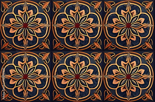 A collection of decorative tiles featuring intricate Moroccan-inspired patterns in red, blue, and gold tones.