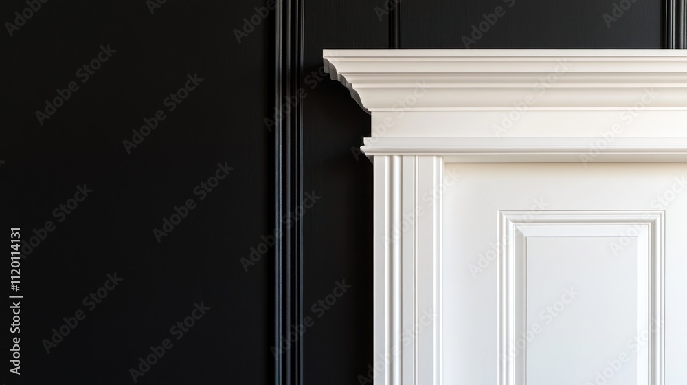 A close-up of a white doorframe against a black wall, highlighting architectural details. A close-up of a white doorframe against a black wall, highlighting architectural details.