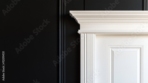 A close-up of a white doorframe against a black wall  highlighting architectural details.