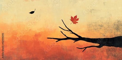 Autumnal Branch Silhouette With Falling Leaves
