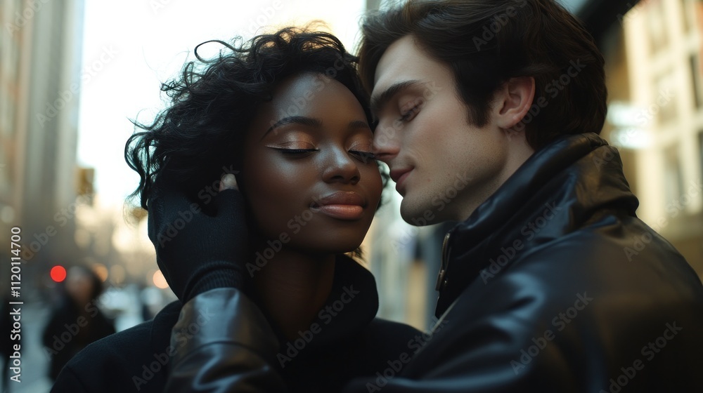 Here's a description for your stock photo.. Romantic young interracial couple embracing in city. Here's a description for your stock photo.. Romantic young interracial couple embracing in city.