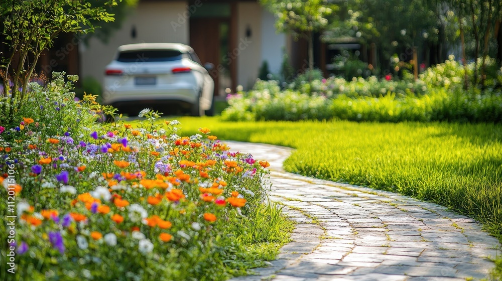 Fototapeta premium Stone Path Winds Through Vibrant Spring Garden Flowers